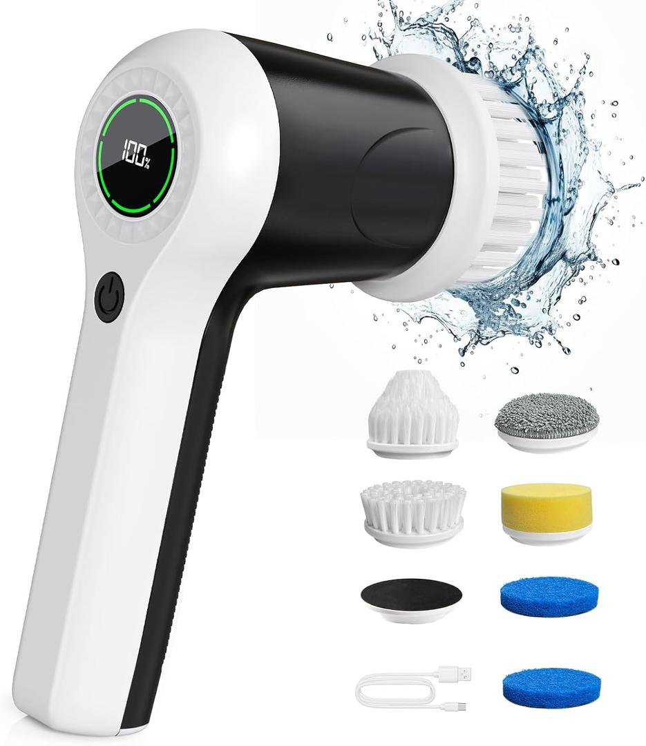 PUFTEM Electric Spin Scrubber, Cordless Shower Scrubber with Battery Level Display, 2 Speeds Electric Scrubber for Cleaning with 6 Replaceable Heads, Cleaning Brush for Bathroom/Sink/Window