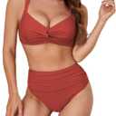 ZAFUL Twist High Waisted Bikini for Women Spaghetti Wide Strap Bathing Suit Ruched Bikini Swimsuits Tummy Control Swimwear Brick Red L