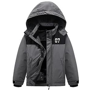 FREE SOLDIER Boys Girls Waterproof Ski Jacket Fleece Lined Warm Winter Snow Coat Kids Winter Jacket with Detachable Hood (Black Gray, 10-12/ Boy)