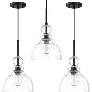 3 Pack 1 Light Hanging Indoor Kitchen Island Pendant Light 8" Clear Seeded Glass Pendant Ceiling Light Fixture,Black Finish Modern Farmhouse Dinning Over Sink