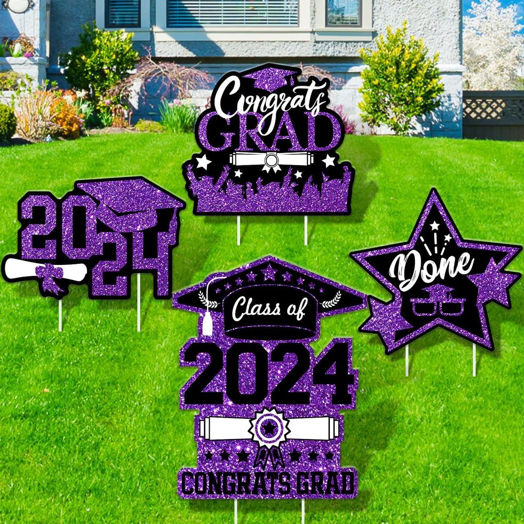 Purple and Black Class of 2024 Graduation Decorations Congrats Grad Yard Signs with Stakes Grad Party Outdoor Lawn Decor Supplies (4 Pieces)