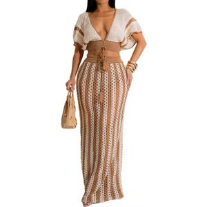 2 Piece Skirt Sets for Women Knit Crochet Color Block Crop Top Striped Maxi Skirts Hollow Out Vacation Outfits, XL