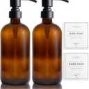 Vine Creations Amber Glass Soap Dispenser, 2 Pack Kitchen Soap Dispenser Set with Stainless Steel Pump, 16 oz Dish Soap and Hand Soap Dispensers for Bathroom with Waterproof Labels (Amber Bottle / Matte Black Pump)