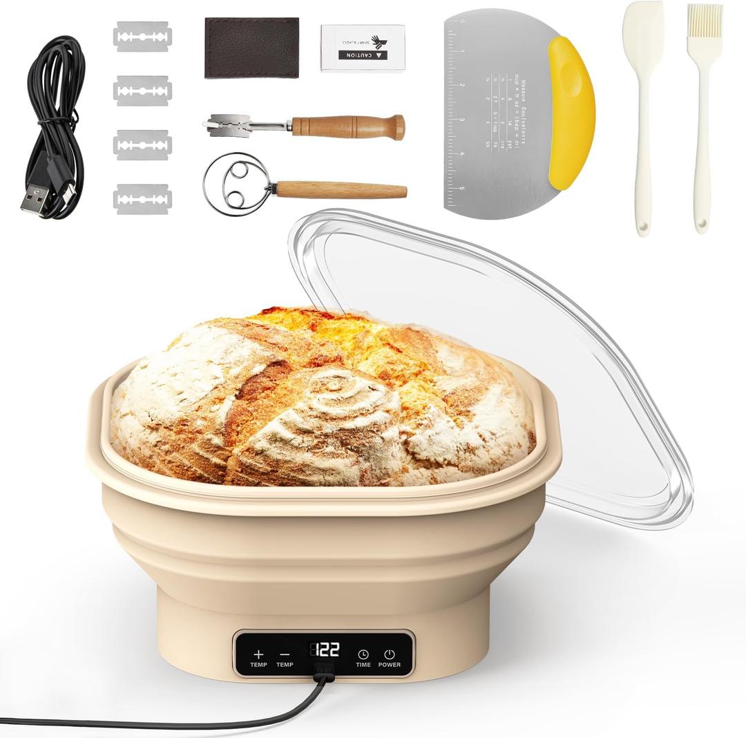 Heating Sourdough Banneton Bread Proofing Basket Kit with Timer & 6 Temp Settings, 2L Foldable Silicone Dough Proofing Box Electric Sourdough Starter Warmer Set for Dough Rising, Baking Supplies (Square)