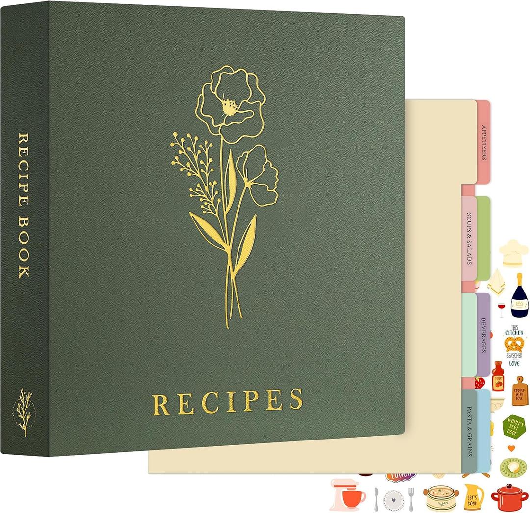 Lanpn Recipe Binder 8.5x11 3 Ring Kit, Waterproof Organizer Binder with 60 Plastic Sleeves,116 Recipes, Dividers,Labels & Stickers, Blank Recipe Book to Write in Your Own Recipes, Green