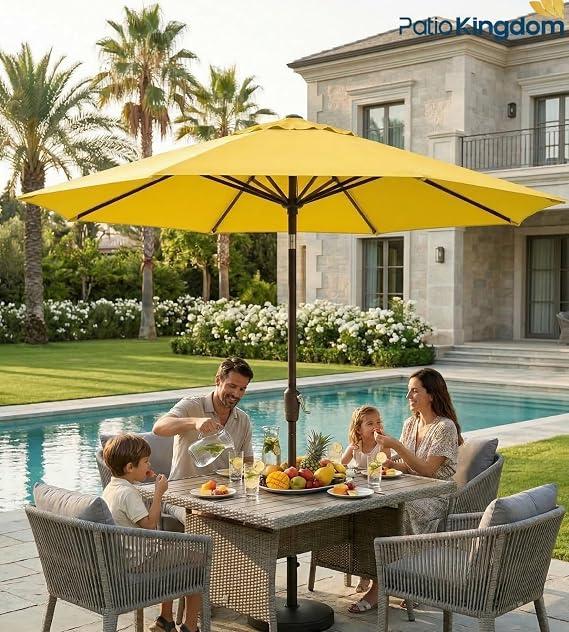 PatioKingdom 9FT Patio Outdoor Umbrella-UPF 50+ Sun Shade with Wind Vent, Push-Button Tilt & Smooth Crank Lift, Rust-Resistant Fiberglass Frame for Garden, Backyard,Yard (Yellow)