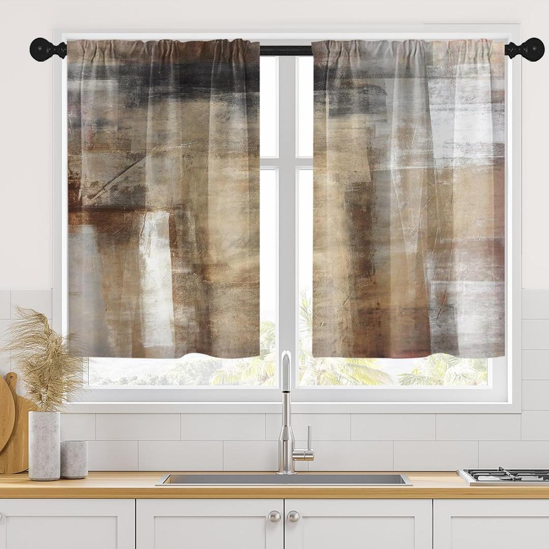 Brown Beige Painting Kitchen Curtains 36 Inch Length Abstract Window Short Tier Curtains Over Sink Set of 2, Grey Contemporary Vintage Small Kitchen Decor 26x36 Inch
