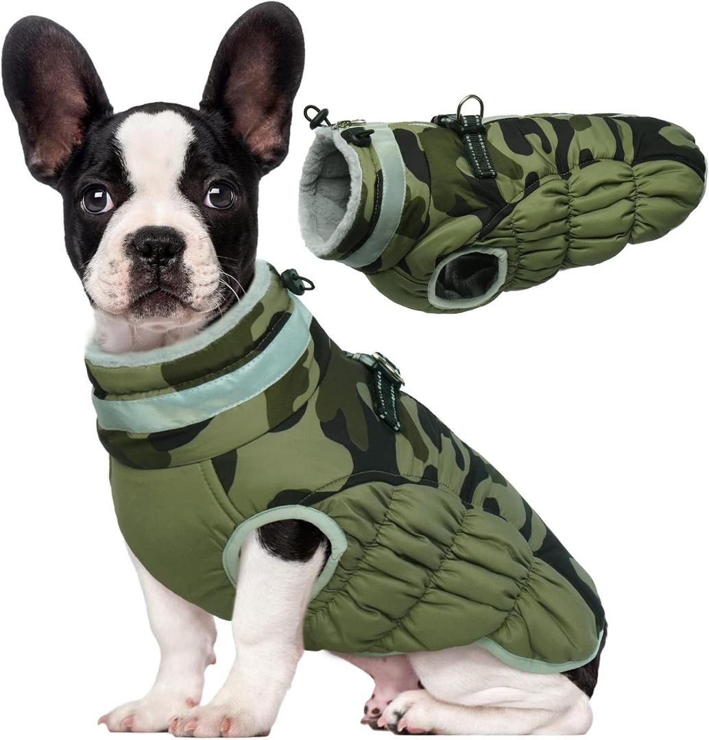 Lelepet Dog Coat Warm Dog Winter Coat Waterproof Dogs Jacket with Harness Built in Reflective Pet Fleece Vest Zip-Up Cold Weather Coats for Medium Dogs Turtleneck & Windproof Dachshund Green Camo Medium