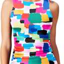 Daci Tankini Tops for Women High Neck Swim Top Tummy Control Bathing Suit Top Modest Swim Tank Top No Bottom (X-Large, Color Block)