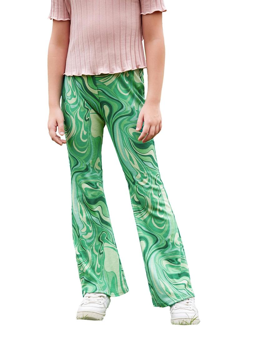 WDIRARA Girl's Printed High Waist Flare Leg Ribbed Knit Elastic Waist Casual Long Pants Green 8Y