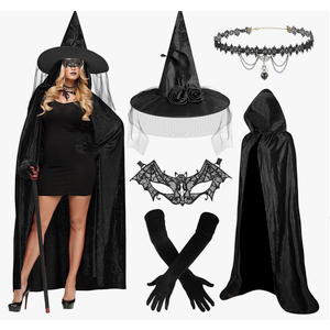 Witches Costume Women Hooded Cape Witch Hat Lace Masks Gloves Halloween Costumes Witch Outfit Women Dress up Cosplay Black