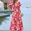 PRETTYGARDEN Women's Casual Summer Midi Dress Puffy Short Sleeve Square Neck Smocked Tiered Ruffle Dresses (S)