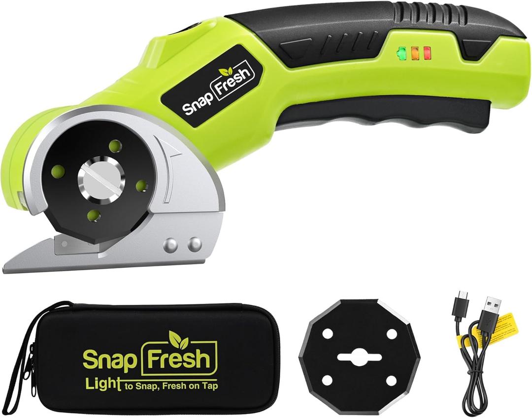 SnapFresh 4V Cordless Electric Scissors, Rechargeable Cardboard Cutter & Box Cutter Rotary Tool, 240 RPM Fabric Carpet Leather Cutter with LED, Extra Blade, 2.0Ah Battery & Storage Bag(SP5091)