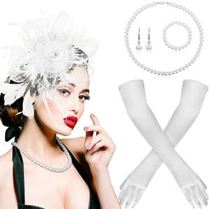 Yaomiao 5 Pieces Tea Party Accessories for Women 1920s Fascinators Hat Feathers and Gloves Veil Mesh Headband Derby Cocktail (White)