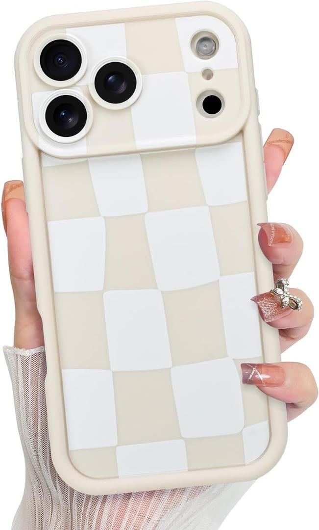KANGHAR Compatible with iPhone 17 Pro Case 2025, Silicone Checkered Cute Pattern, Camera Protection Soft Slim Shockproof Edge Phone Cover for Girls Women -White