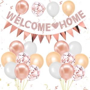 Welcome Home Decorations,Rose Gold Welcome Home Balloons Banners Set,Welcome Home Glitter Banner with Confetti Balloons,Pennant Flag Bunting for Home Family Baby Shower Welcome Back Party Supplies
