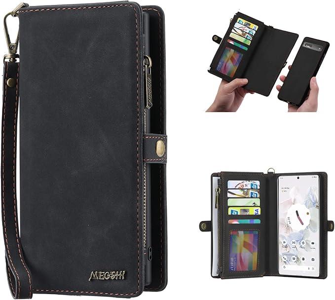 Simicoo Pixel 8 Pro Wallet case, Pixel 8 Pro Flip Leather case Card Slots Holder Zipper Purse Detachable Magnetic Cover Hand Strap Cash Pocket Pouch Wallet for Woman Man (Black)