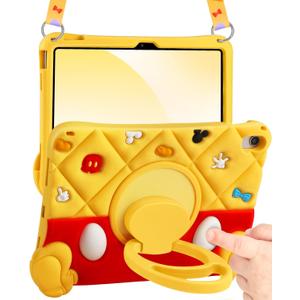 Boaretiu for iPad A16 Case - Red Yellow Soft Silicone Cute Case for iPad 10th Generation 10.9 Inch 2022/11th Generation 11 Inch 2025 Cover with Shoulder Strap Rotating Stand for Kids Boys Girls,Yellow-Red Cartoon