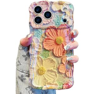 UEEBAI Flower Case for iPhone 17 Pro Max Case, Colorful Retro Oil Painting Girly Phone Cover Pretty Glossy Pattern Wave Cover Cute Sparkly Floral Curly Shell for Women and Girl, Orange Yellow