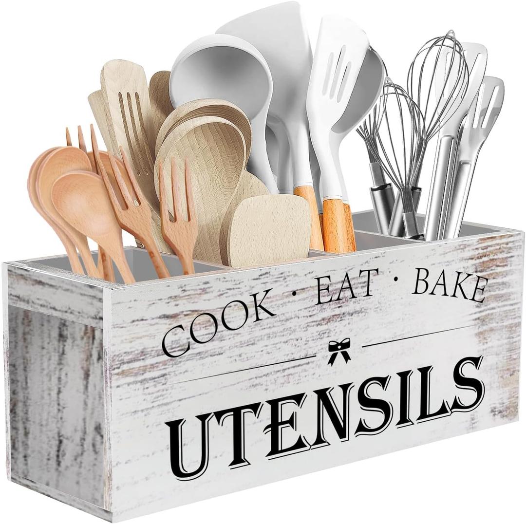 Suli Extra Large Kitchen Utensils Holder with 4 Compartments, Wooden Utensil Organizer for Kitchen Countertop, Farmhouse Decor, Rustic Cooking Utensil - White grain