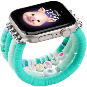 Beaded Bracelets Compatible with Kids Apple Watch Band  44mm 45mm 46mm 49mm, Cute Stretchy Strap for iWatch Series 10 9 8 7 6 5 4 3 SE SE2 for Girls Boys and Small Wrists (Teal)