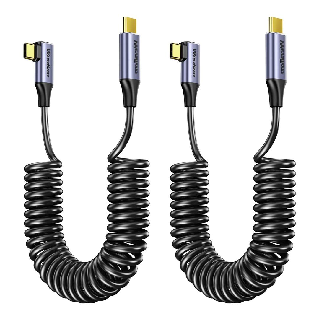 2-Pack Coiled USB C Cable for CarPlay & Android Auto, 100W/5A PD Fast Charging Type C Cable, 480Mbps Data Sync, Right Angle Design, Stable Connection for iPhone 15/16/17, Samsung Galaxy S24 S23