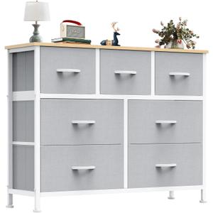 OLIXIS 7 Drawers Dresser for Bedroom, Fabric Storage Tower for Living Room, Entryway - Sturdy Steel Frame, Wooden Top and Easy Pull Fabric Bins, Closet Chests Organizer for Clothes,Light Gray