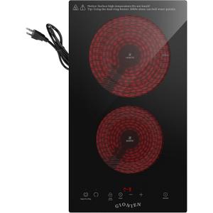Electric Cooktop 2 Burners 110V~120V, 12'' Plug in Electric Stove Top,Countertop or Built-in,Ceramic Glass,Sensor Touch Control,Timer,9 Power Levels,Portable,1800W, Black 2 Burners
