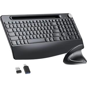 Full-Size Ergonomic Keyboard and Mouse, 2.4GHz Wireless Keyboard and vertical Mouse with Tablet Phone Holder, Wrist Rest for Computer Mac PC Laptop Chromebook, Black