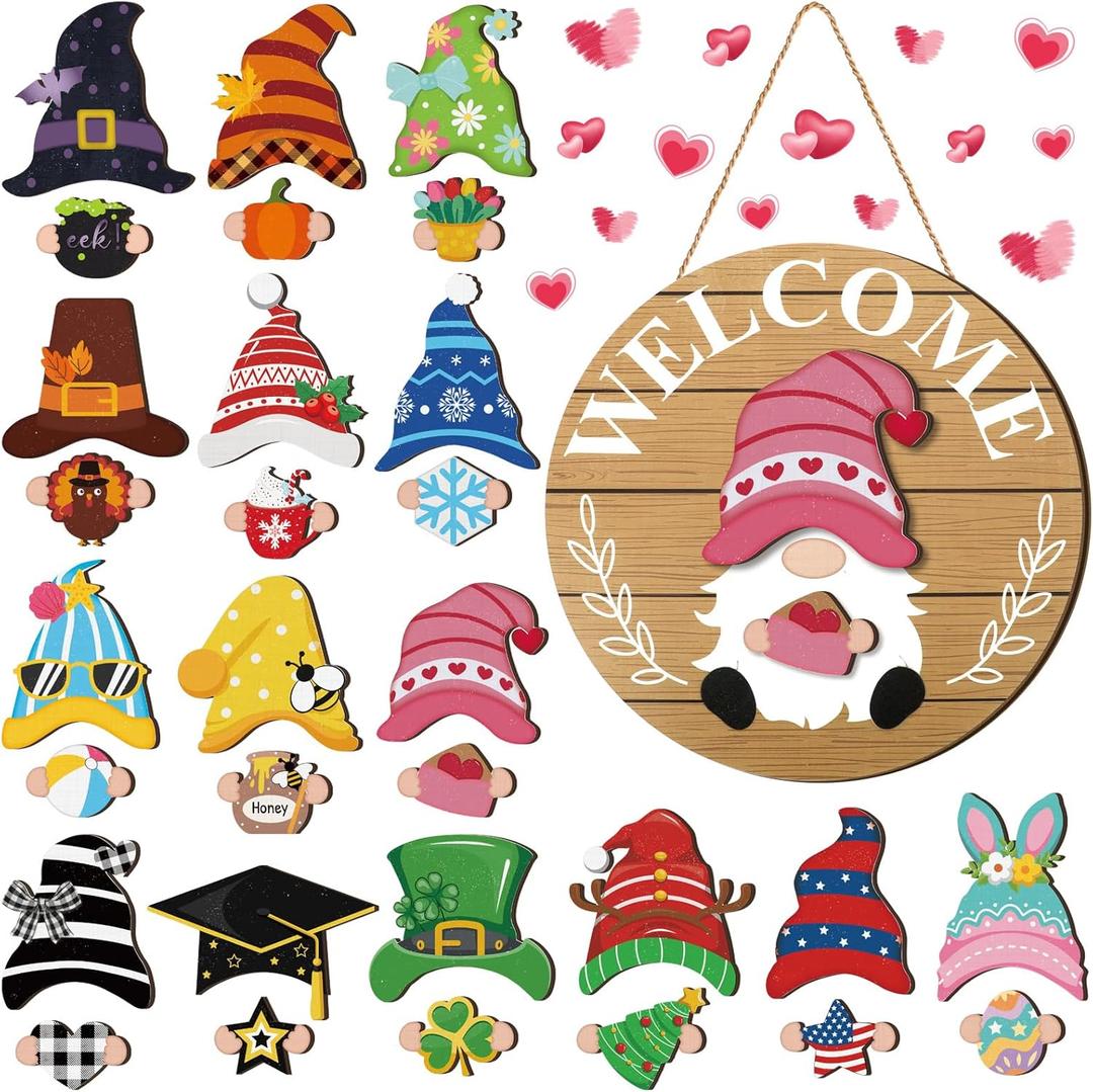 Qunclay Interchangeable Wooden Gnome Decor Holiday Seasonal Gnome Decorations with Magnet Pieces and Detachable Hats Changeable Welcome Sign for Home(Delicate Style)