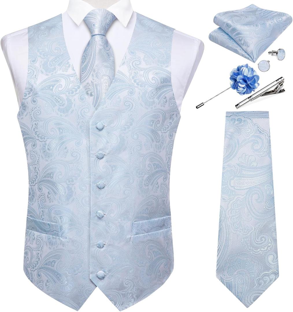 DiBanGu Mens Paisley Vest Tie Set with Lapel Pin Tie Clip 7PCS Silk V-Neck Suit Waistcoat and Necktie for Tuxedo Wedding