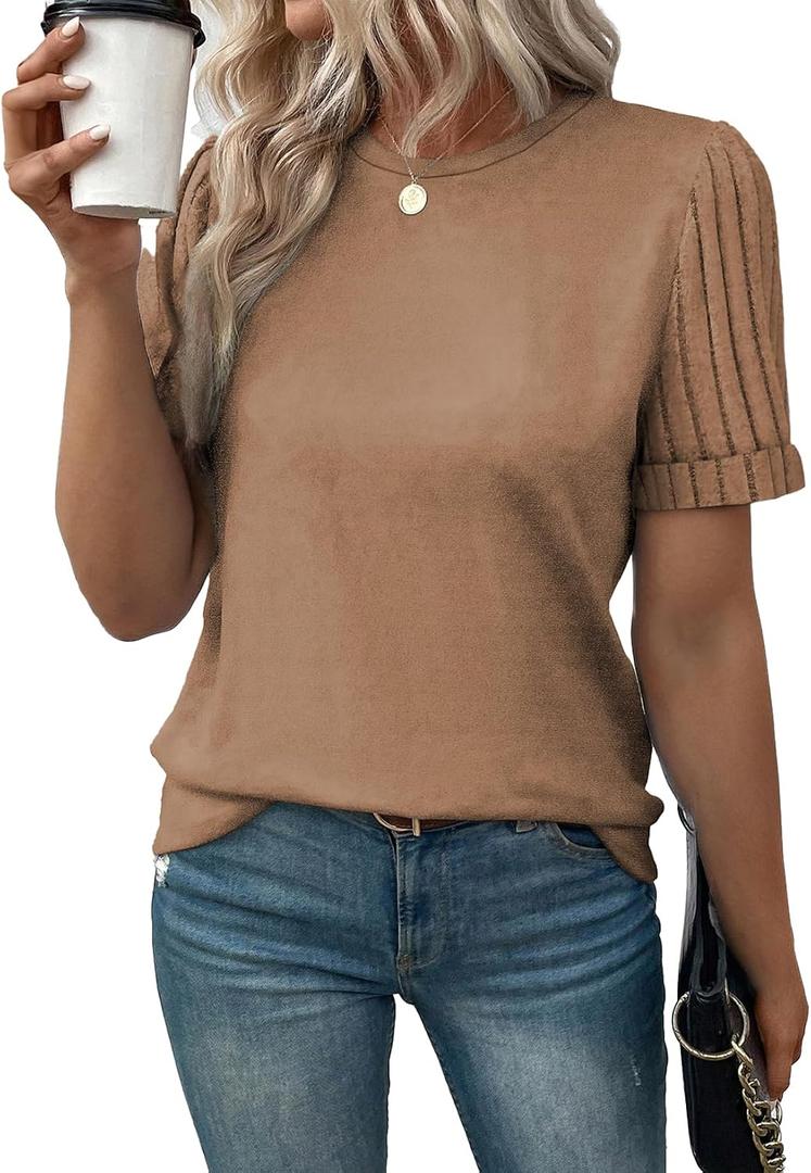SHEWIN Women's Short Sleeve Summer Tops Crewneck Knit Solid Loose Casual Basic T Shirts Tee Blouses (Beige, XXL)