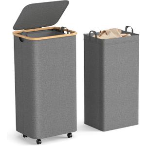 Yecaye 100L Large Capacity Laundry Hamper Foldable Rolling Laundry Basket, Mobile Clothes Hamper with Wheels, Removable Inner Bag, Bamboo Handle Lid Laundry Bin Multi-Use Storage,Grey