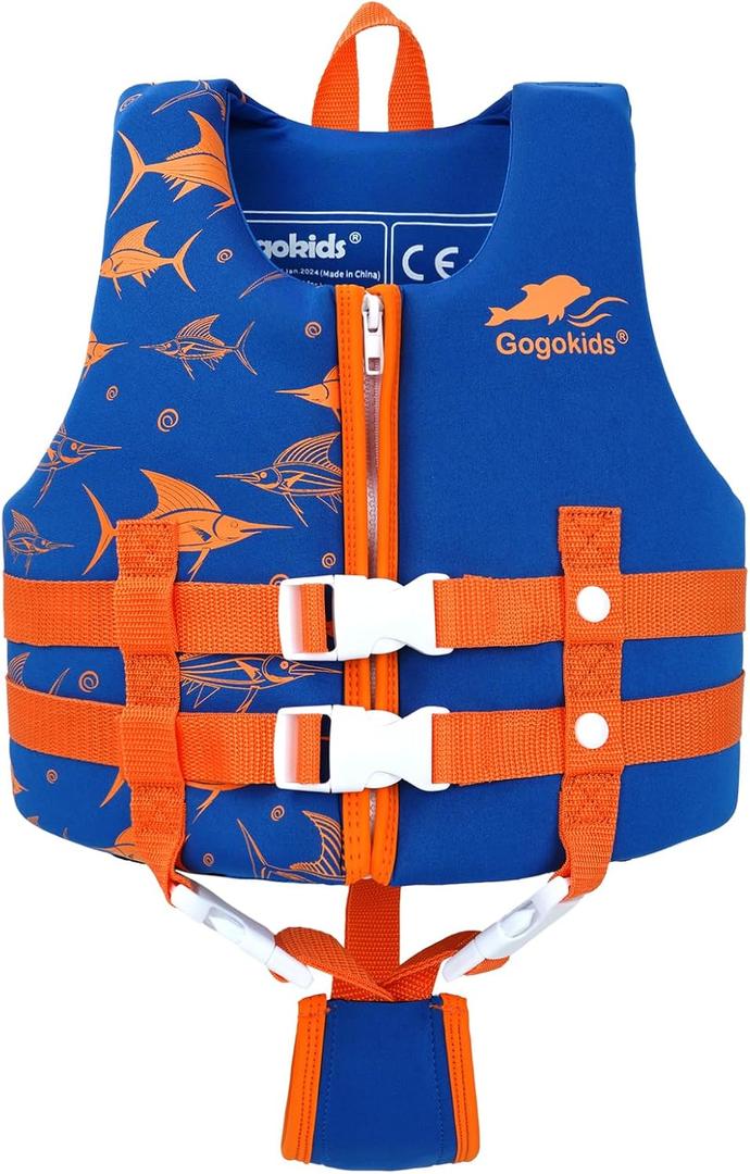 Gogokids Toddler Swim Vest, Kids Floaties Boys & Girls Buoyancy Jacket, Swimming Aid for Pool & Beach (Orange Swordfish), Size: M (4-6 Years)