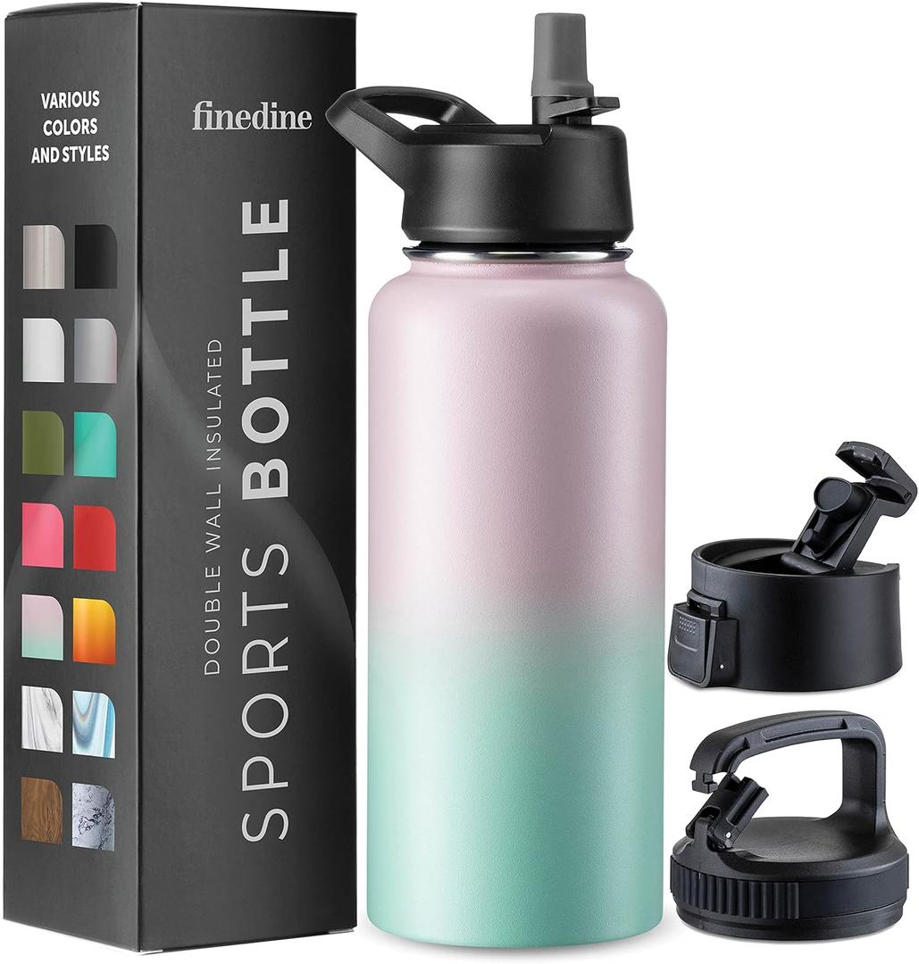 FineDine Water Bottle - Stainless Steel Insulated Water Bottle with Straw Lid, Flip Lid & Wide-Mouth Cap - Keeps Hot and Cold - 32 Oz / 946ml - Dreamy Pink-Green