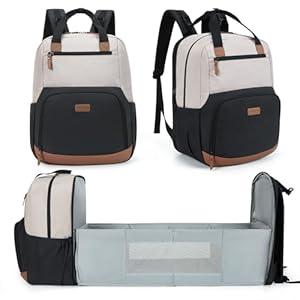 mommore Diaper Bag Backpack with Changing Station Large Travel Diaper Bags Unisex Baby Bag with Changing Pad, Stroller Straps (Beige, Black)