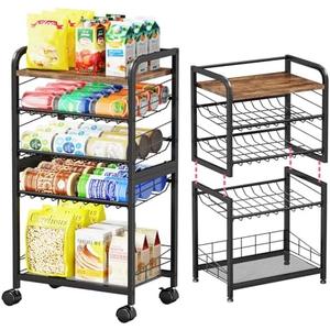 SWTYMIKI Can Organizer for Pantry - Stackable Rolling Snack Cart, Soda Can Organizer, Multi-Functional Shelf with Adjustable Wheels for Kitchen, Office, Living Room, Black