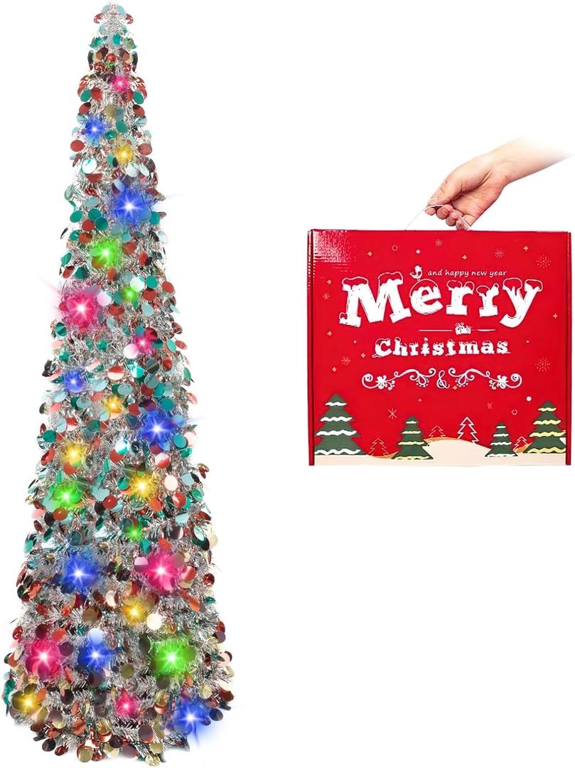 MACTING Christmas 5FT Pop Up Tree with 50 LED Lights Collapsible Tinsel Tree Easy-Assembly Coastal Glitter Pencil Tree for Apartment Party Winter Christmas Mothers Day Decorations(Silver-Mix)
