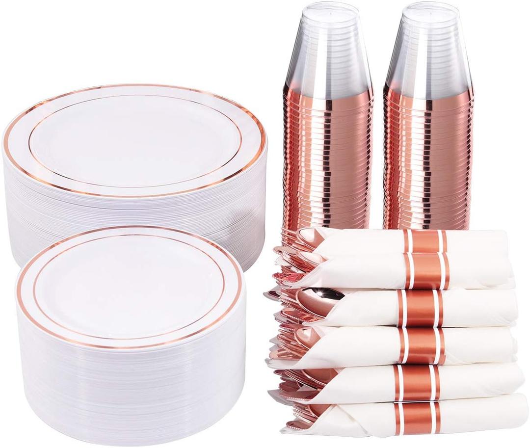 WELLIFE 350 Pieces Rose Gold Plastic Dinnerware, 50 Guests Disposable Plates with Rose Gold silverware and Cups, 50 Pre Rolled Napkins with Cutlery, Perfect for Wedding and Party