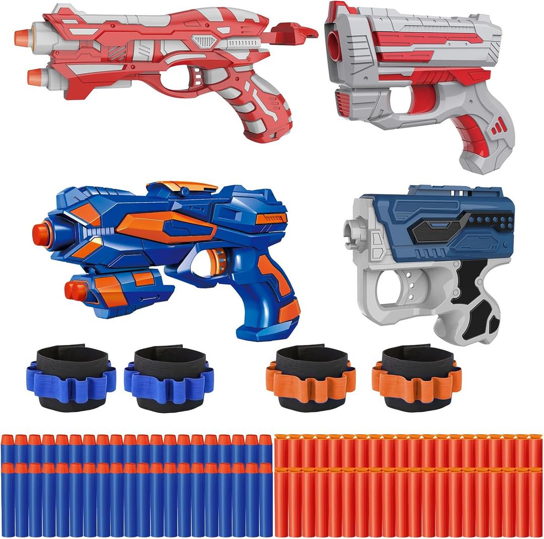 4 Pack Blaster Set for Kids Ages 5+ | 80 Foam Darts & 4 Wrist Bands | Team Battle Toy Gift - Christmas Birthday Easter Party