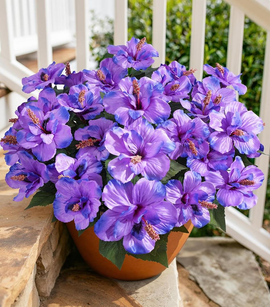 HyeFlora Artificial Hibiscus Flowers for Outdoors Faux Plant Spring Decor, 4 Bundles Fake Tropical Flowers UV Resistant Realistic Outdoor Silk Flower for Outside Planter Porch Patio Garden Window Home, Purple Hibiscus