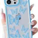 Yeddabox Compatible for iPhone 13 Pro Case Butterfly Cute Phone Case Transparent Full Camera Protection Soft TPU Shockproof Cover for Women Girls - Blue