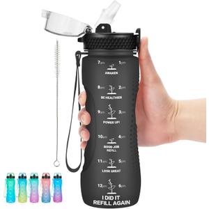 24 OZ Motivational Water Bottle With Time Marker,Leak Proof,Straw Lid, Tritan BPA Free Sports Water Bottle Black(1 Lid)
