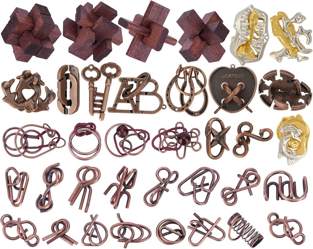 36 Pcs Brain Teaser Puzzles for Adults - Metal Puzzles 3D Puzzle Game Toys for Adults Teens - Wooden Unlock Interlocking Puzzle Adult IQ Education Smart Toys