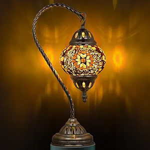 Marrakech Tiffany Lamp Turkish Table Lamp with Vintage Style, Handmade Moroccan Lamps with Mosaic Stained Glass&Swan Neck Bronze Base Including LED Bulb for Living Room Bedroom Decor (Yellow)
