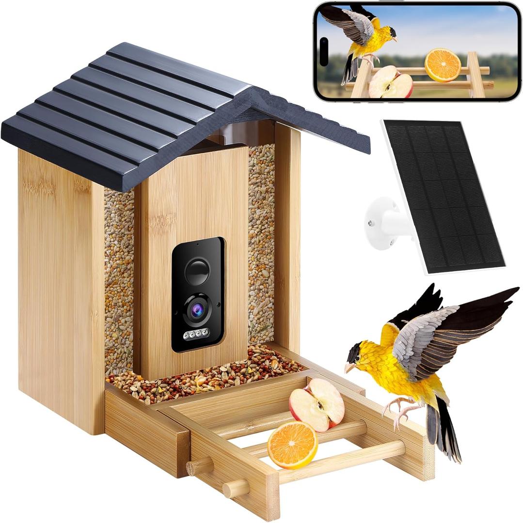 Bird Feeder, 5MP Solar-Powered Smart Bird Feeder with Camera, AI Identifies Birds 10000+, 2.4GHz, Color Night Vision, Instant Notification, Easy to Use, 1.5L Birds Feeders for Outdoor, Yard