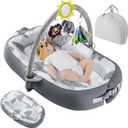 Portable Baby Lounger for Travel,Breathable & Comfortable 100% Cotton Infant Lounger, Baby Nest 0-24 Months Machine-Washable Newborn Lounger,Newborn Essentials (Gray, Baby Lounger with Toys) (Grey)