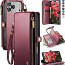 Defencase Compatible with iPhone 17 Pro Case Wallet with RFID Blocking Card Holder for Women Men, Fashion PU Leather Magnetic Snap Flip Zipper Strap Wallet Phone Case for iPhone 17 Pro 6.3", Burgundy