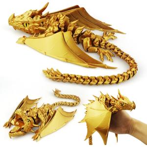 3D Printed Dragon with Wings, Fidget Dragon Toys, 3D Printed Animals, Flexible Articulated Winged Crystal Dragon Model,Home Office Decor Desktop Pet(Silk Gold)