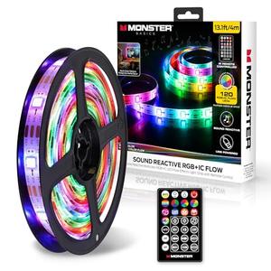 Amazon.com: Monster 13.1ft Color Flow Multi-Color LED Light Strip, Indoor, Fun Flash Mode, Remote Control, Dimmable, Self Adhesive, Timer, 120 RGB+IC LEDs, USB Powered, Multi-White, Sound Reactive : Tools & Home Improvement